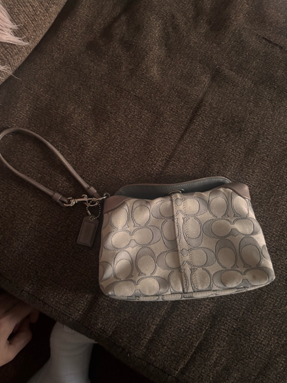 Coach large Signature Wristlet in Light Gray with Silver Trim